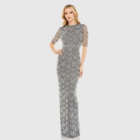 *Flawed Mac Duggal 93804 NWT Gray Beaded Fringe Quarter Sleeve Column Gown - Picture 1 of 11